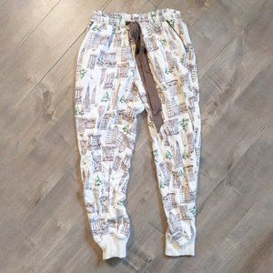 AERIE Pajamas XS Jogger Pants Cream Ribbon Elastic Waist Christmas Town Tree